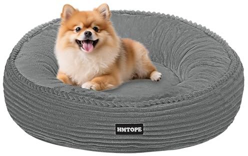 HMTOPE Hund- och kattsäng, mjuk kudde, rund korgarmad av ribbad velour, donut, hundsoffa, avtagbar och antiskid, diameter 60 cm, medelgrå