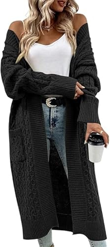 Saodimallsu Cardigan da donna lungo in maglia grezza cardigan casual con vestibilità sciolta elegante cappotto in maglia con apertura frontale aperta pullover con tasche monocromatico, Nero , S