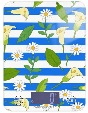 Bilancia digitale da cucina a righe blu e bianche Calla Lily Daisy Flower Dieta Bilancia da cucina 5 kg/5 g per uso domestico con 4 unità per (utente) (utente) (utente) báscula para pesar Personas