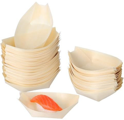 Toyvian 50pcs Mini Sushi Wooden Boats, Wooden Sashimi Serving Dishes, Decorative Boat-Shaped Plates for Desserts, Snacks, Khaki, 3 Inch