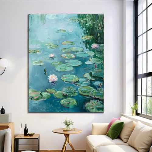Quadro Stagno Di Ninfee Quadri Dipinto A Olio Vintage Turchese Soggiorno Da Parete Grande Stampa Su Tela Canvas Decorazione Murale Muro Arredo Camera Da Letto, 80X120Cm, Senza Cornice