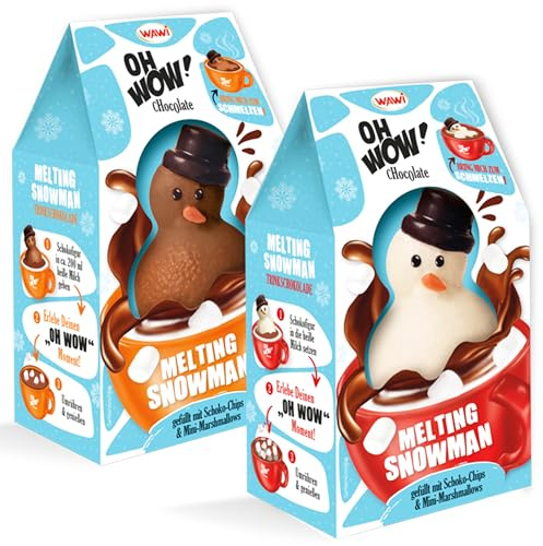 OH WOW Trinkschokolade Bundle – 2x75g Melting Snowman weiße & Vollmilchschokolade – Schneemann Schokolade mit Mini-Marshmallows & Schoko-Drops – Hot Chocolate zum Schmelzen & Verschenken im Winter