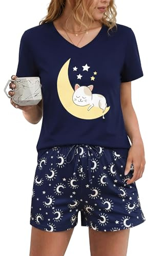 Litherday Pijama Mujer Verano Algodón 65% Manga Corta Cuello en V Conjunto Corto con Estampado de Gato y Estrellas Ropa de Dormir Cómoda Azul Marino L