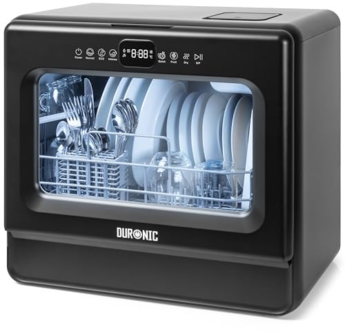 Duronic DW10 BK Lavastoviglie Compatta da Tavolo 1050W, Mini Lavastoviglie Portatile Salvaspazio con Serbatoio Acqua, 5 Programmi Eco Rapido Intensivo Asciugatura, LED Touch per Piccola Cucina Camper