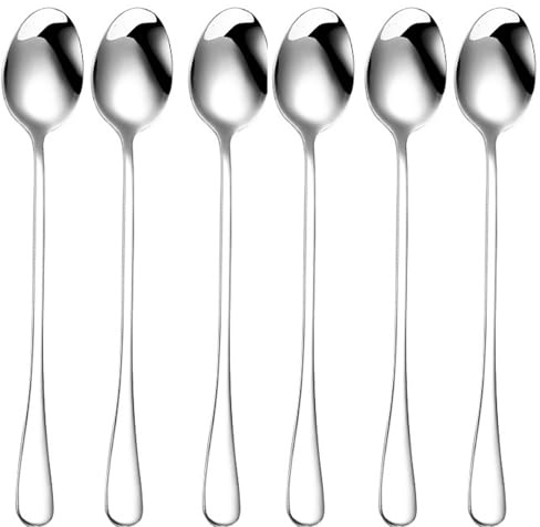 Set di 6 cucchiai per latte macchiato, 19,5 cm, in acciaio inox, cucchiai per yogurt, cucchiaini da tè lungo, in acciaio inox lucidato, per tè freddo, caffè e cocktail