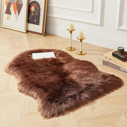 Ultra Soft Fluffy Sheepskin Rug Dark Brown 60x90 cm, Faux Fur Rug for Bedroom Sofa Throw Cushion Room Decor
