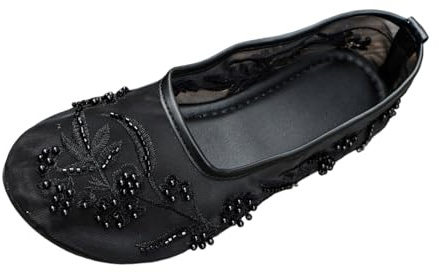 Balettskor i ren mesh för kvinnor blommiga broderade pärlor utsmyckade vardagsskor för bröllopsfest dejting vintage, Svart, 39.5 EU