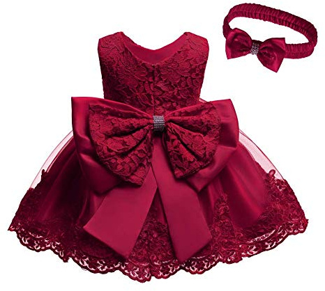 Girls Pageant Embroidered Lace Ball Gown Sleeveless Flower Princess Pageant Wedding Bridesmaid Birthday Party Dress Baby Girls Christening Baptism Clothes with Headband Burgundy 9-12 Months
