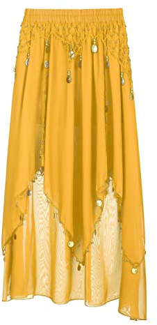 MSemis Gonna da Ballo Donna con Paillettes Gonna da Danza Classica Danza del Ventre Gonna di Chiffon Abito da Ballo Latino Danza Orientale Indiana del Ventre Gonna Lungo Giallo Taglia Unica