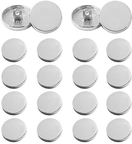 Runde flache silberne Knöpfe aus Metall – 20 Stück 17 mm Knöpfe für Jeans, Wollmantel Jacke Hose Hemd Anzug Uniform Kostüm, Schnallenknöpfe, Nähknöpfe, Blazer, Ersatzknöpfe für Männer Frauen, Kleider