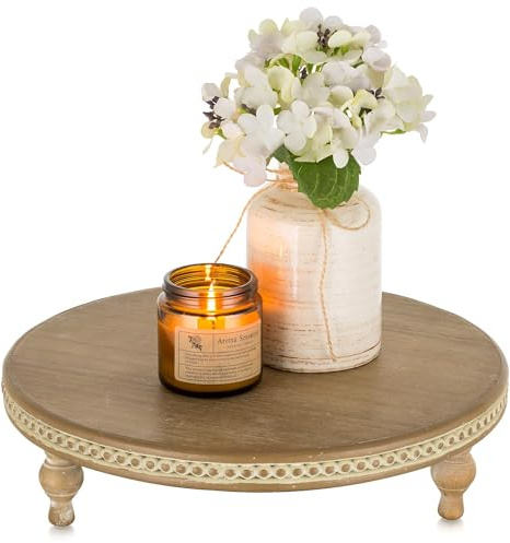 Hanobe Round Wood Display Risers: Beaded Decorative Trays for Coffee Table Wooden Riser Farmhouse Pedestal Stand for Home Decor Candle Plant Cake Decorations Kitchen Bathroom,Brown