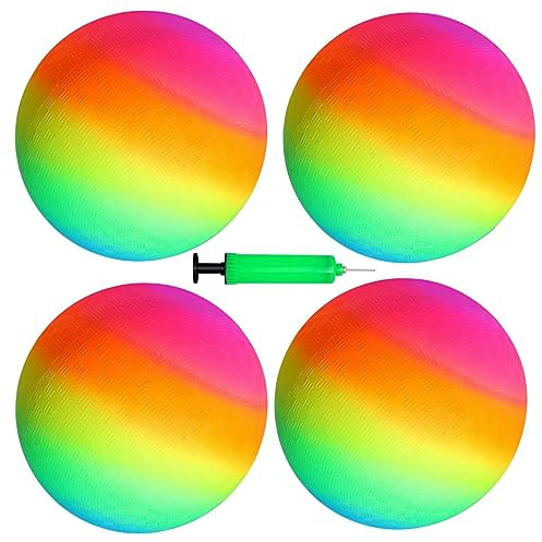YNHFIFI 4 Pack Playground Ball, 8.5 Inch Rainbow Kickball for Kids Adults Indoor & Outdoor Dodgeball Handball Four Square Ball Schoolyard Game with Hand Pump
