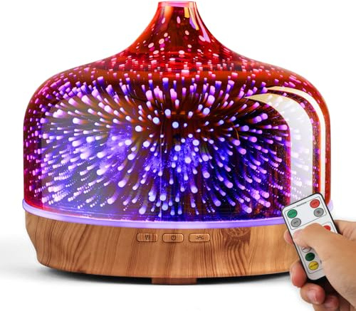 Porseme Diffusore di aromi in vetro con telecomando, effetto 3D, soffiato a mano, per fuochi d'artificio, umidificatore ad ultrasuoni, per oli essenziali, silenzioso, 7 colori, luce a LED, per casa