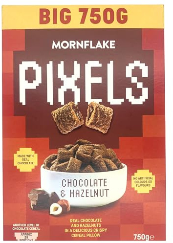 Mornflake - Pixels Hazelnut & Chocolate Cereal Crispy Breakfast Cereal Pillows 1x 750g Vegetarian Chocolate Cereal. Wheat Pillows Filled With Real Chocolate and Hazelnut Filling