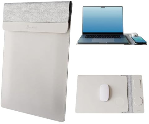 Jenoss 4 in 1 Wireless Charging Laptop Sleeve 15-16, Desktop Charging Mat for Laptop, Multipurpose Sleeve Plus Waterproof Surface, Phone and Earbuds Charging Pad, Desk Pad Grey (16 inches)