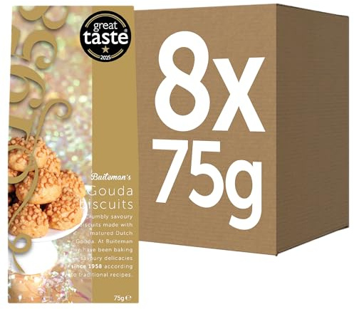 Buiteman Gouda Cheese Crumble Biscuits Pack of 8 × 75g – Luxury Dutch Savoury Snacks in Gold Gift Boxes – Gourmet Baked Crackers with Aged Gouda Cheese – Perfect for Gifting, Sharing & Wine Pairing