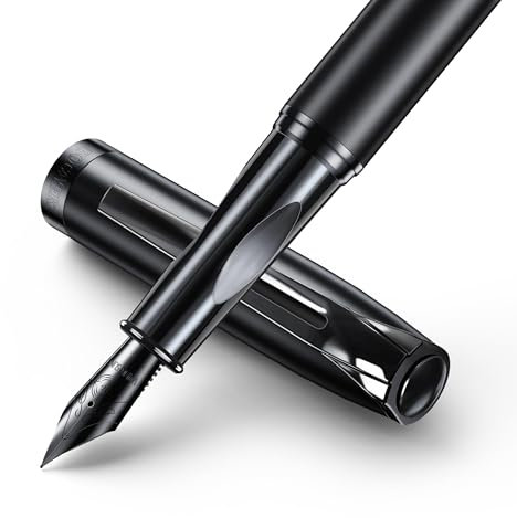 GSKQCRPR Black Business Fountain Pen, Premium Titanium 0.4mm Nib Free Ink Cartridge, Elegant Writing Instrument for Professionals, Gifts for Men & Women