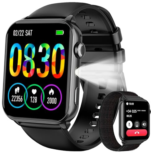 Baolubao Smartwatch Uomo Donna, Orologio Smartwatch con LED Torcia, Orologio Intelligente Fitness con Chiamate Bluetooth, Notifiche, Contapassi, Sonno, 2 Cinturini, Smart Watch per Android iOS