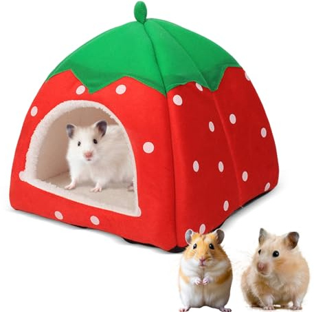 Guinea Pig Bed, 1Pcs Guinea Pig House, Non Slip Strawberry Hedgehog House With Removable Pad, Small Animal Winter Warm Nest for Chinchilla Ferret Gerbil(24 X 24cm Red)
