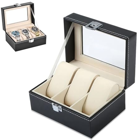 Hiuyavy Watch Box, 3 Slots Watch Case with Glass Lid, Watches Display Box with Removable Watch Pillows Gift Idea for Jewellery Bracelets Bangles Storage (Black)