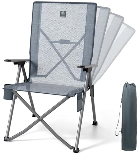 EVER ADVANCED Chaise Camping Pliable, Dossier réglable, Tissu Mesh | Chaise pliante réglable 4 positions 160kg, dossier haut avec poche et porte-gobelet, camping, jardin, gris 1Pc