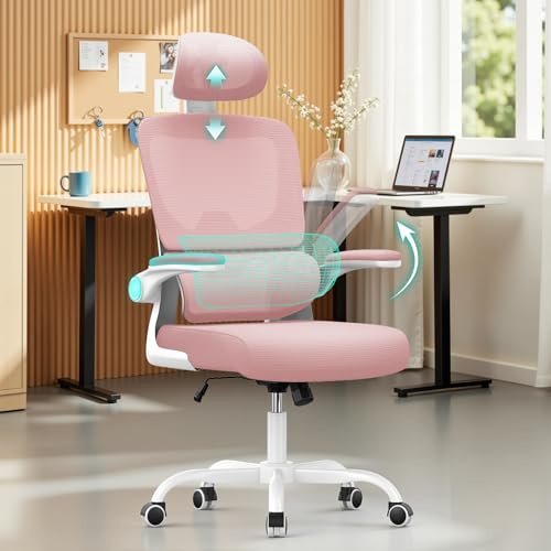 naspaluro Ergonomic Office Chairs, High Big Study Desk Computer Chair with Flip-up Armrests/Back Support/Adjustable Headrest, Comfy Swivel PC Work Chair, Pink Mesh Office Chairs for Home Office