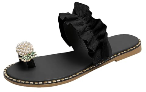 Zapatillas de estar por casa de mujer con punta en los dedos para mujer, sandalias planas grandes, sandalias casuales para mujer, zapatos de bailarina para mujer, con tacón, Negro , 42 EU
