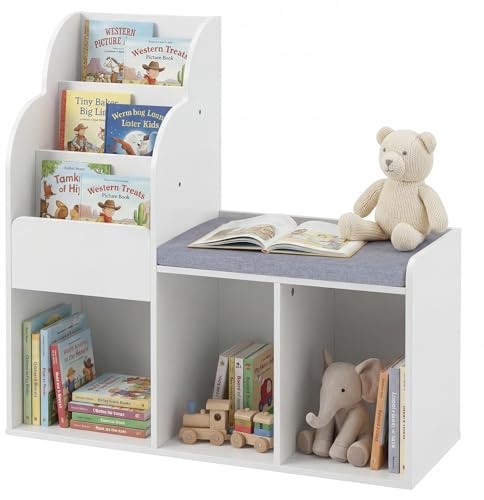 COSTWAY Bibliothèque Enfant à 3 Niveaux avec Banc et 3 Compartiments Ouverts, Meuble Rangement Jouet Enfant avec Coussin d'Assise Amovible, 80 x 29,5 x 81,5 cm pour Salon Salle de Jeux