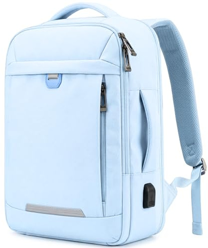 EDIESI, Mochila Viaje Cabina Avion 40x30x20, Equipaje de Mano Expandible Repelente al Agua con USB, Compartimento para Portátil 15,6”, Bolsa Compacta para Vuelos (Azul Pastel)
