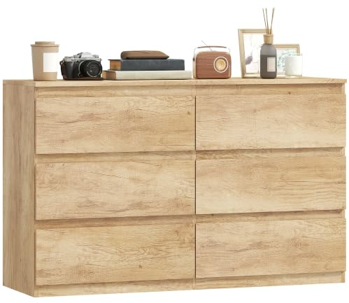 HOMCOM Commode 6 tiroirs Étroite sans Poignées 120 x 39 x 75 cm Chêne | Meuble de Rangement, Chiffonnier, Style Moderne, Commode pour Chambre à Coucher, Salon, Couloir