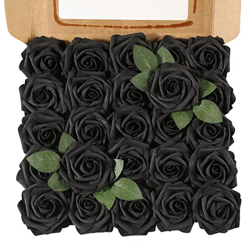 Ancokig Fiori Rosa Artificiali 25 Pezzi Rose Finte Schiuma Aspetto Reale con Foglia e Gambo Regolabile per DIY Matrimoni Mazzi Nuziale Festa Casa Stanza Decorazioni (Nero,25 Pezzi)