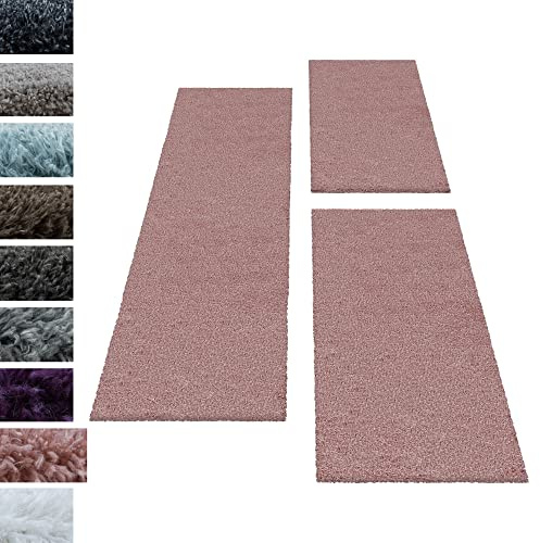 Carpettex Bettumrandung Schlafzimmer 3teilig Shaggy Teppich Hochflor Läuferset Design Rose Bettset:2 mal 80x150 + 1 mal 80x250 - Bettvorleger Schlafzimmer Flauschig Langflor Bettumrandung Teppich Set