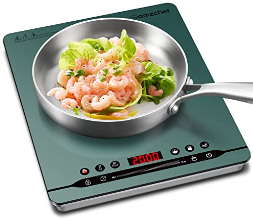 placa inducción portatil AMZCHEF 2000W Placa de inducción con funcionamiento silencioso, 9 niveles de potencia y temperatura, 4 menús automáticos, cuerpo ultrafino, bloqueo de seguridad, verde