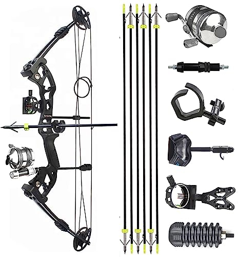 Bogenfischen Bogen mit Pfeile Set 30-55 Lbs Einstellbare Compound Bogen Angeln Kit Jagdbogen für Erwachsene Jugend Rechts/Links-Hand (Rechte Hand, Schwarz)