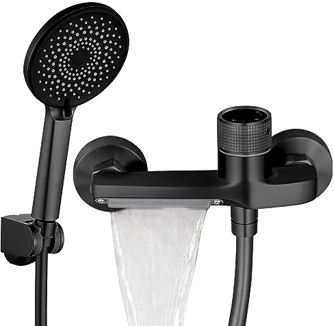 Badewannenarmatur mit Handbrause, Badewannenarmatur Wasserfall Armatur Badewanne Mischbatterie, Messing Wandhalterung Wannenarmatur (Schwarz)
