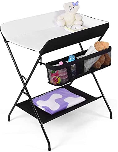 RELOVE Table à Langer Pliante avec Panier de Rangement à Côté Structure en Fer Charge Max 25KG pour Nouveaux-Nés Design Ergonomique, Table à Langer Pliable et Portable 79 * 55.5 * 96cm Noir et Blanc