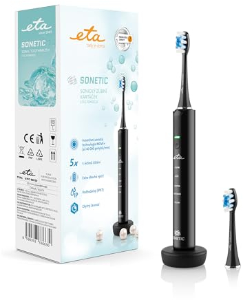 ETA elektrische Schallzahnbürste I Sonetic I 5 x Reinigungsmodi I bis zu 40 000 Bürstenkopfbewegungen/Minute I Timer I 3,7 V Li-Ion-Akku I IPX7 I 2 Ersatzköpfe I Schwarz