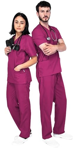 MAZALAT work wear Unisex medicinskt arbetskläder set – vårduniform för kvinnor och män, bekväm passform, moderna kassakset i ventilerande tyg, Bordeaux, 3XL