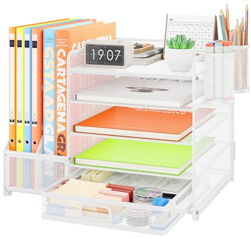 VITVITI Schreibtisch Organizer, 5 Ebenen Briefablage mit Schubladen, Aktenhalter mit 2 Stiftehalter, Büro Organizer mit Stehsammlere, Bürobedarf für A4 Dokumentenablag (Weiß)