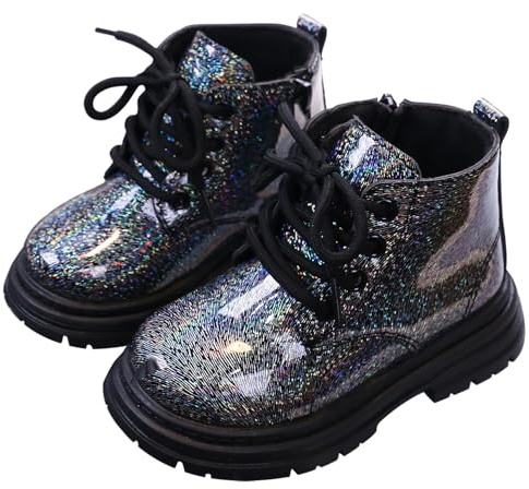 SEAUR Niñas Botas Cortas Antideslizantes con Cordones y Cremallera - Zapatos de Lentejuelas Suela Blanda Negro 23 EU