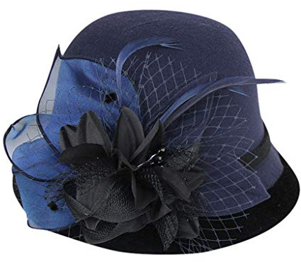 Générique Chapeau Femme Hiver Chaud Chapeau Melon en Feutre Style Années 1920 Cloche Femme d'église Elégant avec Fleur Fedora Bob Homme Cadeau de Noël pour Filles et (Navy, One Size)