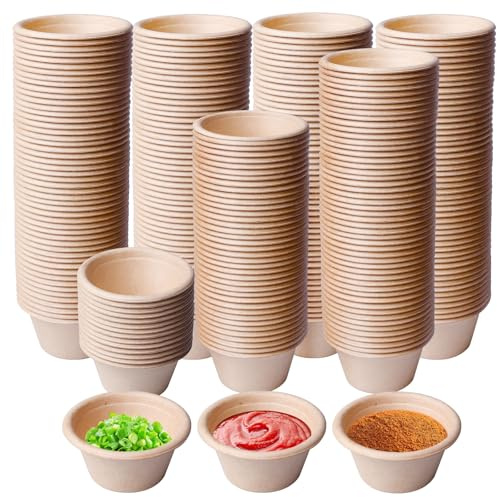 BORDEAG GobeletsS A Soufflé,200 Pièces 2 Onces Gobelets En Carton Universel,Gobelets Ronds Compostables En Carton,Bagasse Bol Soupe Compostable Vaisselle Pour Confiture,Epices,Sauce,Soufflé