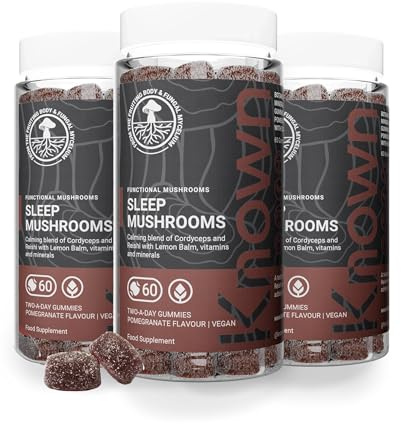 Known Tasty Sleep Mushrooms Gummies - Reishi, Cordyceps, Vitamin B - Reduces Fatigue - Natural Pomegranate Flavour - 60 Vegan Gummies, 3 Month Supply