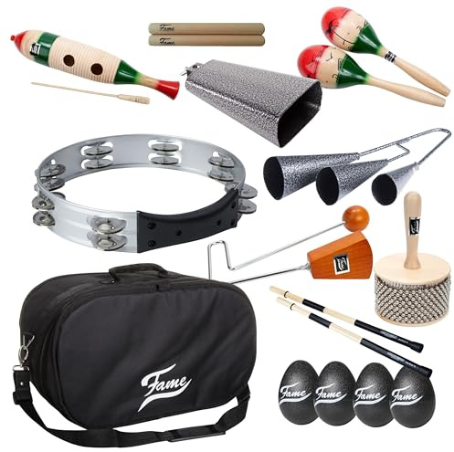Fame 12 Piece Percussion Set, Bongo Bag, Cabasa, Guiro, Hot Rods, Vibra Slap, Agogo Bell, Claves, Cowbell, Maracas, Egg Shaker, Hand Tambourine, Nylon Material, Padded, 50x22x29cm