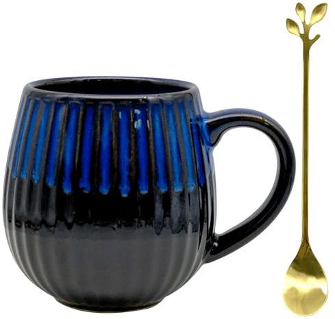 Fahibin Taza de Cappuccino de Gres, Taza Cafe,Coffee Mug,450ML Tazas Grande de Café y Cappuccino Con una cuchara de café dorada Para Leche, Café y Bebidas