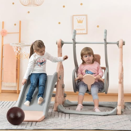 DADEA Scivolo 4 in 1 per Bambini con Canestro, Scivolo e Altalena per Bambini da Esterno Rosa, Altalena e scivolo per bambini da Casa, 140×118×82cm, Adatto per uso interno, esterno e giardino