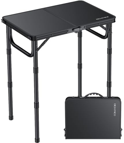 Diceaynico Folding Camping Table, 56 x 38 cm Portable Picnic Table with 3 Adjustable Heights 26/48/70 cm, Lightweight Aluminium Frame MDF Tabletop with Handle for Camping, Garden, Patio, BBQ & Dining