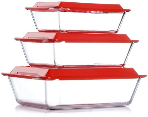 NUTRIUPS 3er Set Tiefe Glas Auflaufformen mit Deckel, Tiefes Lasagneformen Set, Lasagneformen für Ofen, Rechteckige Glasauflaufformen (1.4+2.3+3.5L)