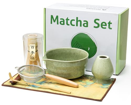 Fagalil Set di Fruste per Matcha, Set da Tè Matcha da 7 Pezzi con Frusta in Bambù Ciotola in Ceramica Cucchiaio e Supporto Kit di Partenza Tradizionale per la Cerimonia del Tè (Verde)