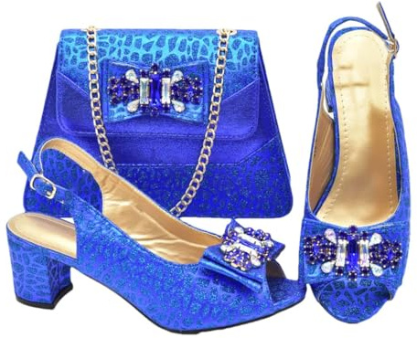 Décolleté da donna con punta aperta con strass e borsa abbinata, set per abiti da sposa e feste di nozze, Blu, 41 EU